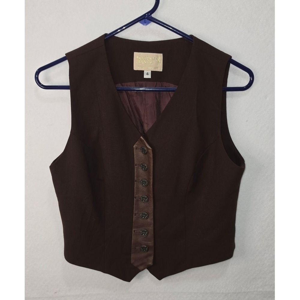 Alberto Makali Vintage Brown Wool Leather Trim Vest Made in USA Size 4